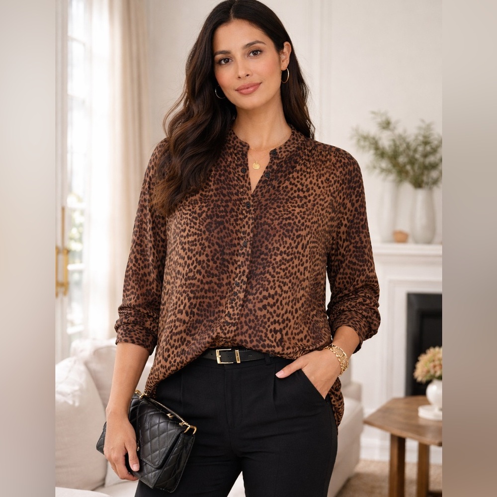 H&M Cheetah Print Sheer Tunic Style Button up Top Long Sleeves Brown and Black - Picture 3 of 12